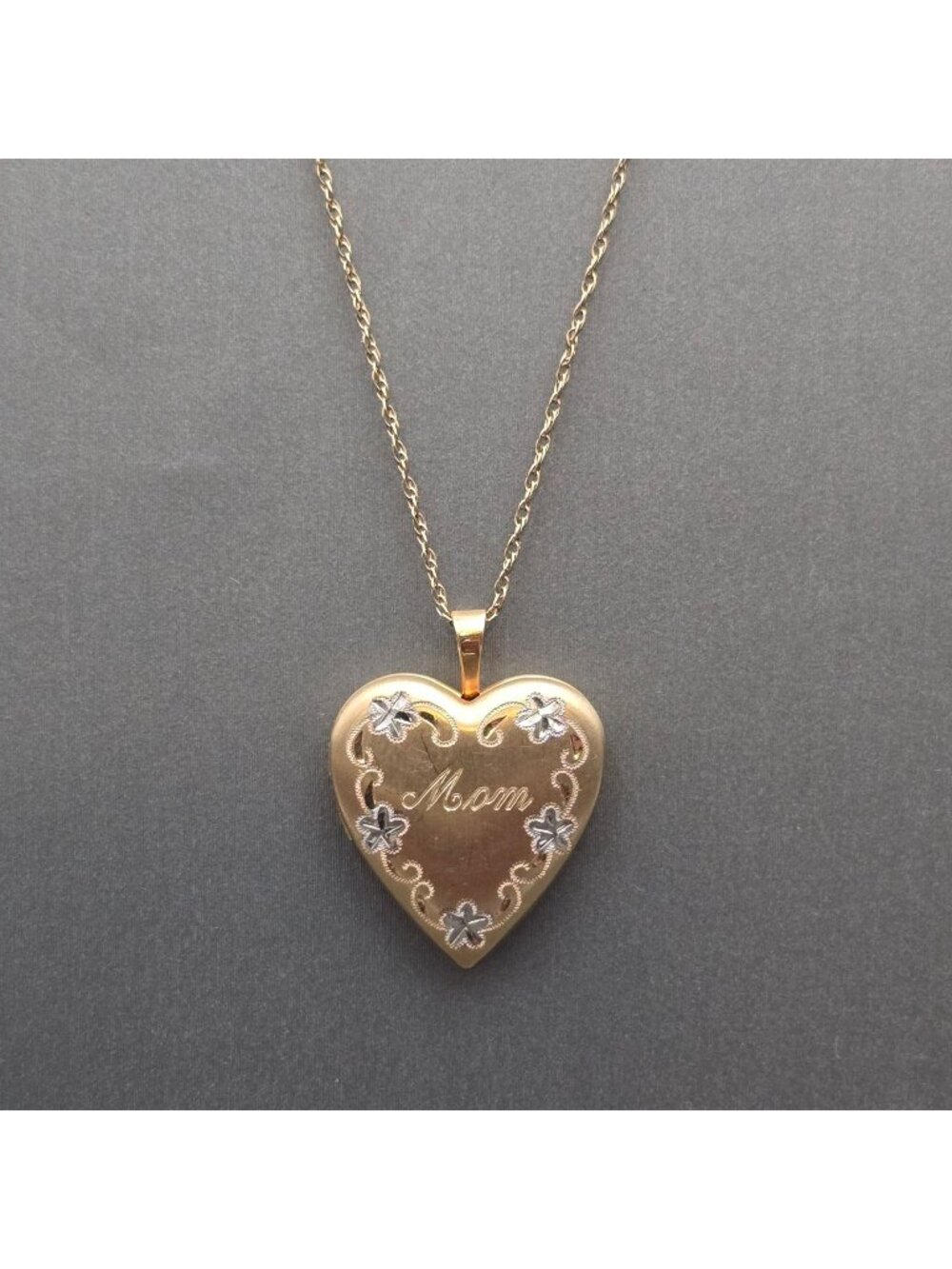 Vintage 14K Gold Filled Heart Locket Necklace 19" Engraved Mom Floral Details